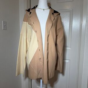 80s 100% Wool Dana Buchman Hooded Patchwork Argyle Button Up Coat Sz LG